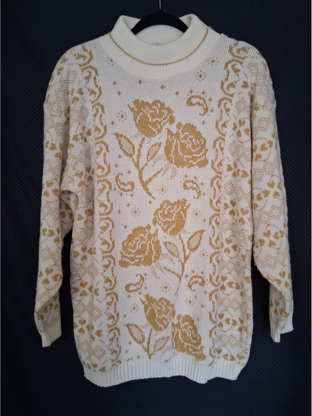Vintage 80s Women's Size 42 Ivory Gold Rose Heart Geometric Knit Sweater USA